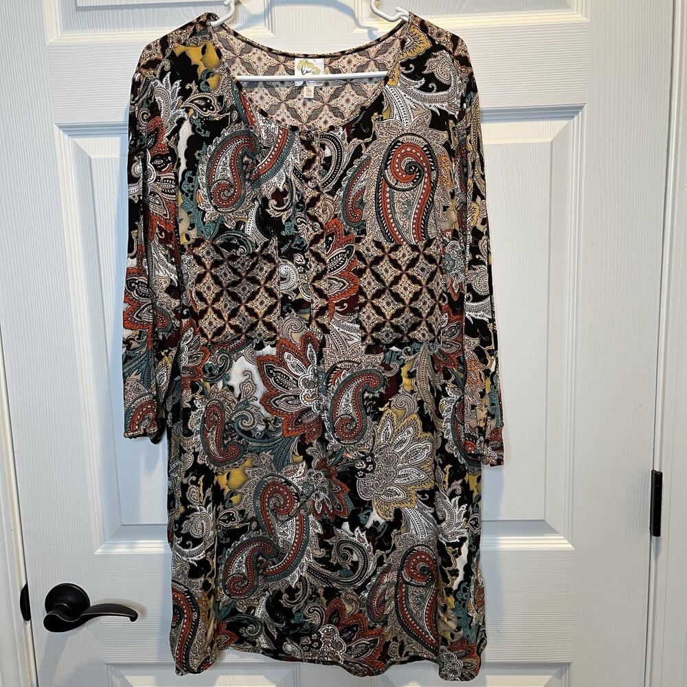 Fig and Flower Blouse Womens 3X Paisley Boho Tunic Henley 3/4 Sleeve Pockets